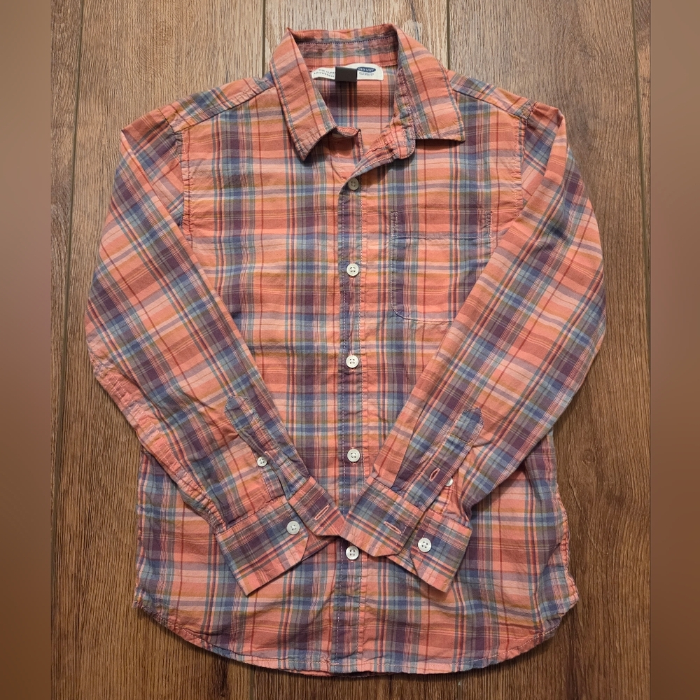 Old Navy Boys Coral Plaid Button-Down Shirt